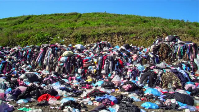 Massive pile of discarded clothes and textile waste creating severe environmental pollution a stark visual of fast fashions impact on our natural world green