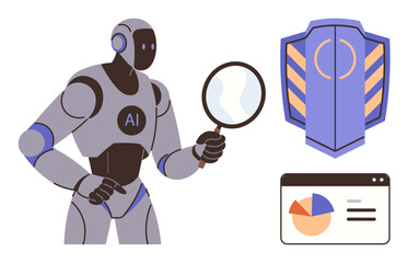 Futuristic AI robot holding magnifying glass, examining concepts of data protection, secure AI, and analytics with shield icon and chart module. Ideal for technology, research, automation