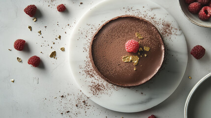 Minimalist top-down photo of a decadent chocolate cake on marble with gold details and raspberries. Sophisticated dessert imagery for luxury food design concepts