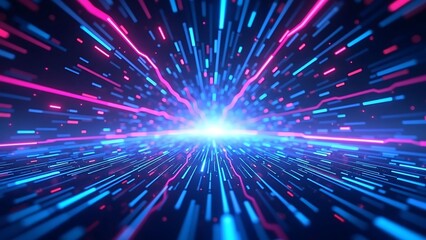 Futuristic High-Speed Data Visualization with Blue and Pink Neon Light Streaks Racing Towards a Central Focal Point