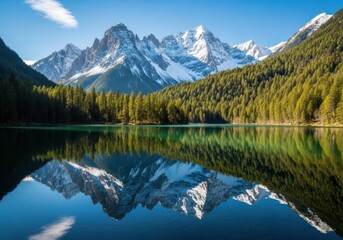 Fototapeta premium Tranquil alpine lake reflects snow-capped mountains and lush green forest under a clear blue sky