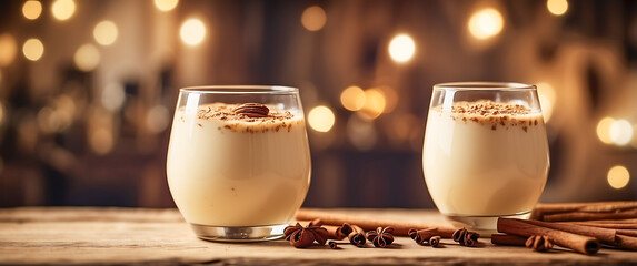 Two creamy glasses of traditional Latin eggnog drink served on a rustic wooden table with cinnamon sticks and star anise, on a warm blurred background. Festive Christmas atmosphere with copy space..