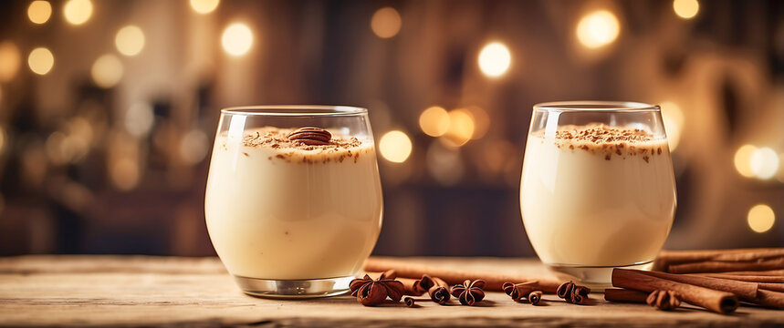 

Two creamy glasses of traditional Latin eggnog drink served on a rustic wooden table with cinnamon sticks and star anise, on a warm blurred background. Festive Christmas atmosphere with copy space..