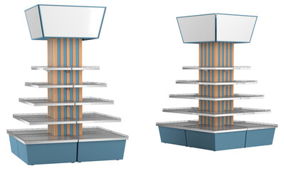 Supermarket display racks with square central column with blue and brown stripe pattern, square shelves and blue base. 3d illustration transparent background