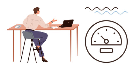 Person sitting at desk with laptop, discussing efficiency and productivity metrics while referencing a speed meter. Ideal for productivity, performance, business analysis, management