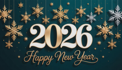 Happy New Year 2026. Golden gradient numbers with glowing bokeh lights on dark background. Elegant festive backdrop with sparkling light particles and soft shine for winter holiday celebration
