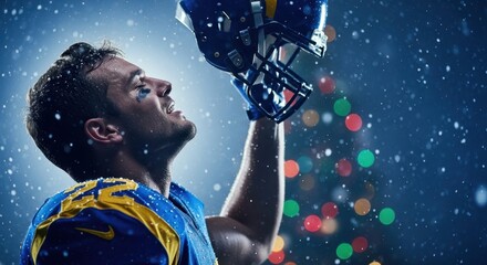American football player raising hand with helmet - emotional Christmas sports photo