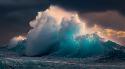 Fototapeta premium Dramatic ocean wave crashing with turquoise water and dark clouds AI Generated