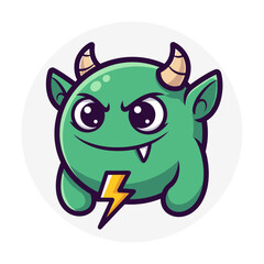Obraz premium Cartoon Green Monster with Horns and Lightning Bolt.