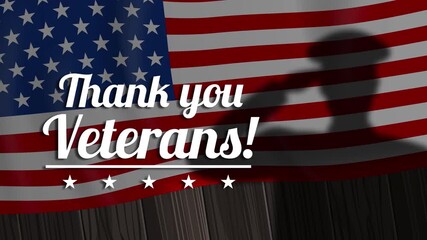 Thank you Veterans saluting soldier shadow silhouette on American flag animated banner video footage - Powered by Adobe