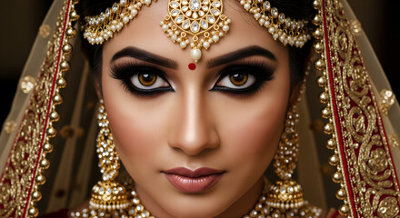 Fototapeta premium Beautiful Indian Bride Close-up: Traditional Wedding Makeup & Jewelry