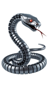 Metallic robotic snake with red eyes and forked tongue on Transparent Background black mechanical