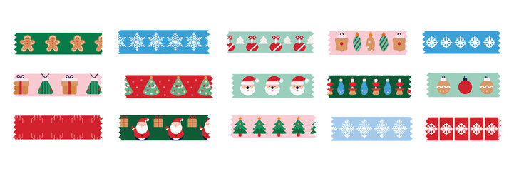 Fototapeta premium Holiday decorative tape and sticker collection – flat modern vector washi strips for Christmas and New Year, featuring border elements, festive icons and colorful paper label design elements.