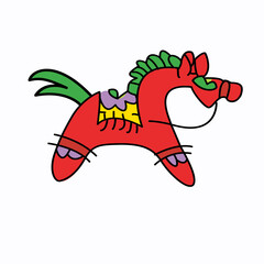 A whimsical red dala horse with green mane and tail isolated on white background, a charming swedish folk art icon