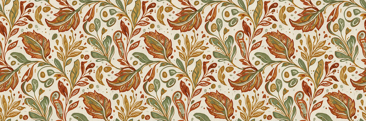 Seamless pattern. Decorative floral pattern with orange, green, and gold leaves on linen-style background, hand-drawn style, seamless surface, concept of vintage nature elegance
