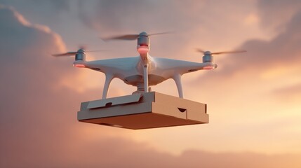 Drone delivering pizza box at sunset for modern logistics concept
