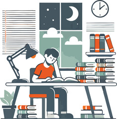 Person studying at desk at night with books and moon outside