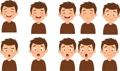 PrintCartoon boy facial expressions, emotional character set, vector illustration, mood variations, child emotions, animation asset, white background, design element