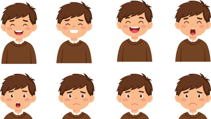PrintCartoon boy facial expressions, emotional character set, vector illustration, mood variations, child emotions, animation asset, white background, design element