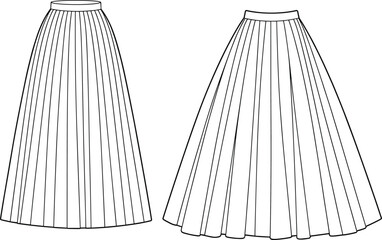 Two pleated skirt styles front and back view, waistband fashion template, garment flat sketch, cad drawing flat vector illustration