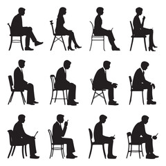 silhouettes of men and women and teenagers sitting on bench or chair vector