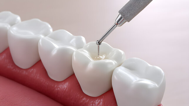 3D rendered dental filling procedure on molar tooth close-up. Dental treatment with composite filling, oral care, dentistry concept, medical illustration for clinics.