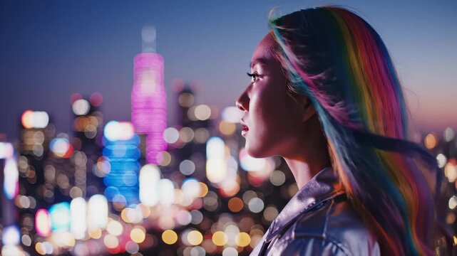 Woman Looking at City Skyline at Night, Rainbow Hair
