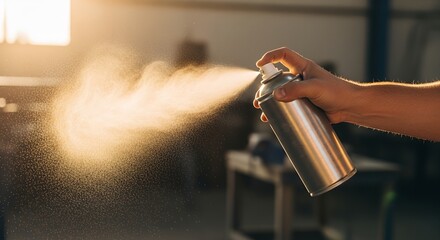 Hand holding and spraying an aerosol can, releasing a cloud of mist.