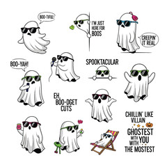Funny Ghost Puns – Cartoon Halloween Characters with Humorous Captions and Accessories