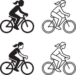 Isolated woman cycling bicycle icon set, woman cycling vector, female cyclist on bike, minimal thin stroke solid black outline, outdoor sport editable cycling vector art