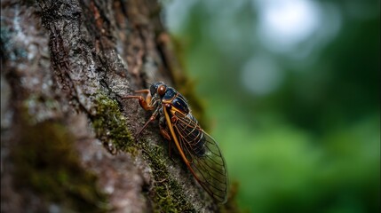 A close up of a cicada insect with detailed wings resting on a textured tree trunk in a natural outdoor environment