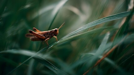 A brown grasshopper rests on a blade of green grass with a soft blurred background