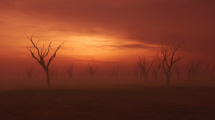 Desolate Landscape Of Bare Trees At Sunset. Evokes Solitude And Serenity