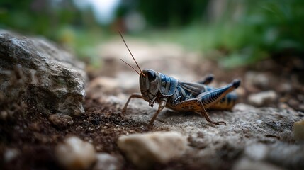 Close up of a blue legged grasshopper resting on a rocky path in nature