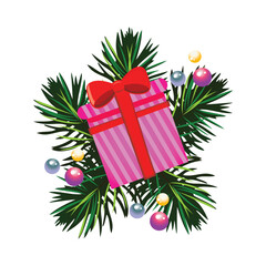 Festive pink gift box tied with red ribbon nestled among green pine branches and shiny ornaments