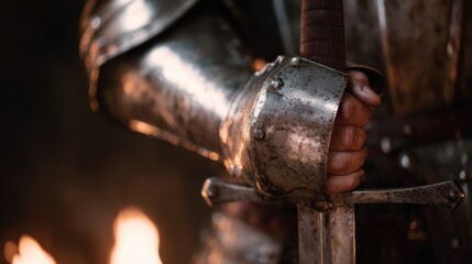 Knight'S Hand Gripping Sword Hilt In Battle-Ready Armor. Medieval Warfare And Valor