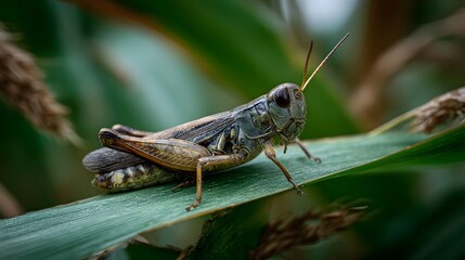 Detailed ro photograph of a grasshopper with intricate camouflage perched on a lush green leaf