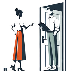 Woman with clipboard talking to man at door vector