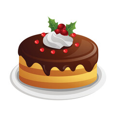 Decadent chocolate cake with whipped cream and festive holly berries for holiday celebrations