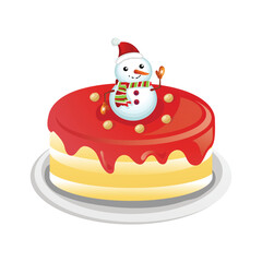 Festive christmas cake with a cute snowman topper and red icing perfect for holiday celebrations and sweet treats