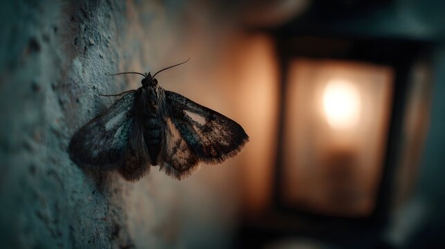 A moth rests on a textured wall illuminated by the soft glow of a nearby lantern in the evening