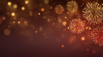 Fototapeta premium Colorful fireworks burst against a warm, glowing background filled with light bokeh.