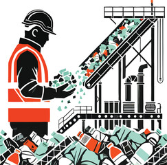 Worker handling recycled materials at a processing plant