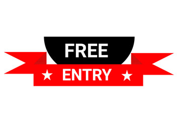 Red and black “Free Entry” promotional banner isolated on transparent background