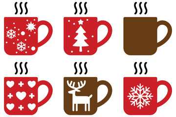 Holiday Christmas mugs, vector silhouette icons, festive beverage illustration set, hot drink design, winter coffee cup collection, cocoa tea graphic, seasonal celebration art, decorative mug elements
