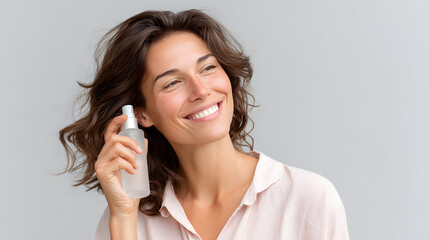Fototapeta premium Smiling woman enjoying refreshing facial mist spray, promoting hydration, skincare, and natural beauty wellness.