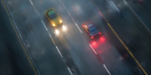 Fototapeta premium Cars Driving On A Rainy Highway At Night. Blurred Motion And Reflections Create A Dynamic And Atmospheric Scene