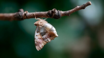 Fototapeta premium A delicate moth with intricate patterns on its wings rests hanging upside down from a brown twig in a natural setting