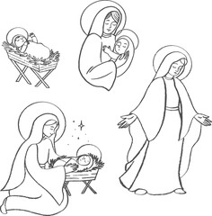 Mary and little Jesus, Christmas vector ink illustration. Isolated clip art of Jesus birthday.