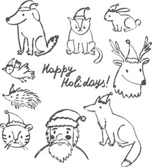 Set of Christmas ink animals illustrations. Forest animals sketches and Santa Claus, 